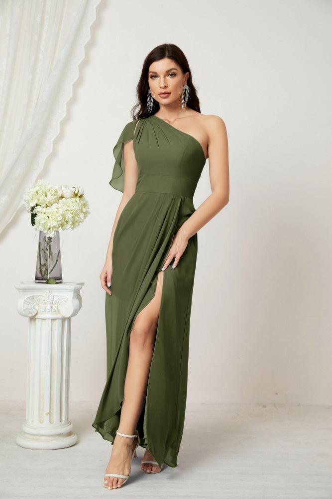Numbersea  Chiffon Ruffled One Shoulder Long Bridesmaid Dresses A-line Formal Evening Gown Side Split 2809