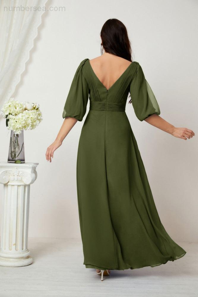 Numbersea  Formal Prom Gown Women V-Neck Chiffon Bridesmaid Dresses Long Bishop Sleeve Party Dress 2807