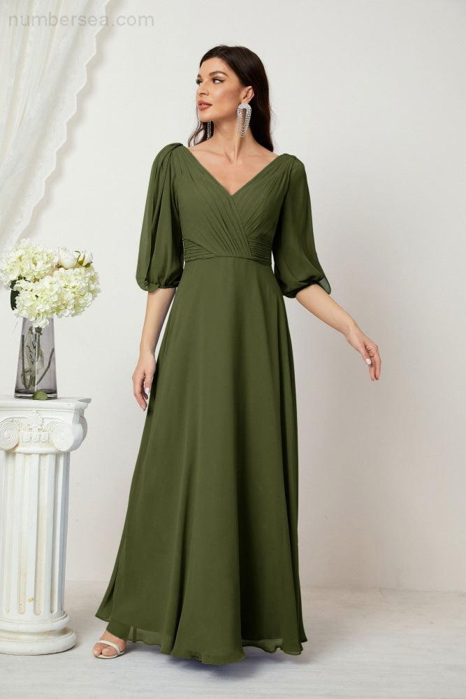Numbersea  Formal Prom Gown Women V-Neck Chiffon Bridesmaid Dresses Long Bishop Sleeve Party Dress 2807