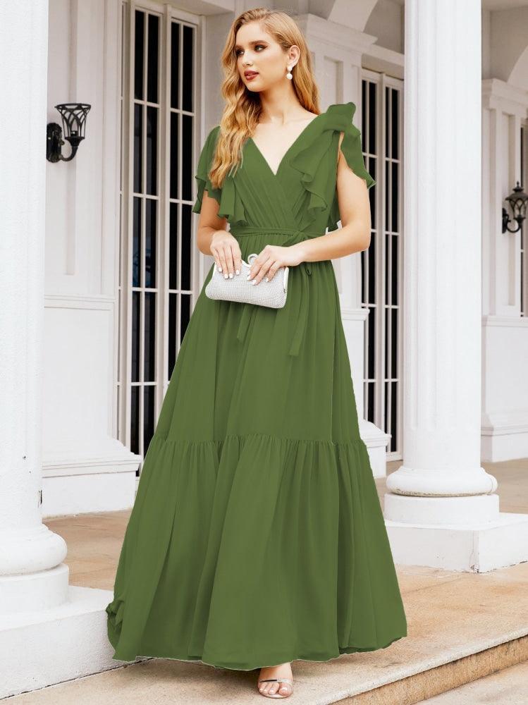 Numbersea Women's Open Back Formal Evening Party Prom Gowns V-Neck Long Chiffon Bridesmaid Dresses with Waist Belt 28038