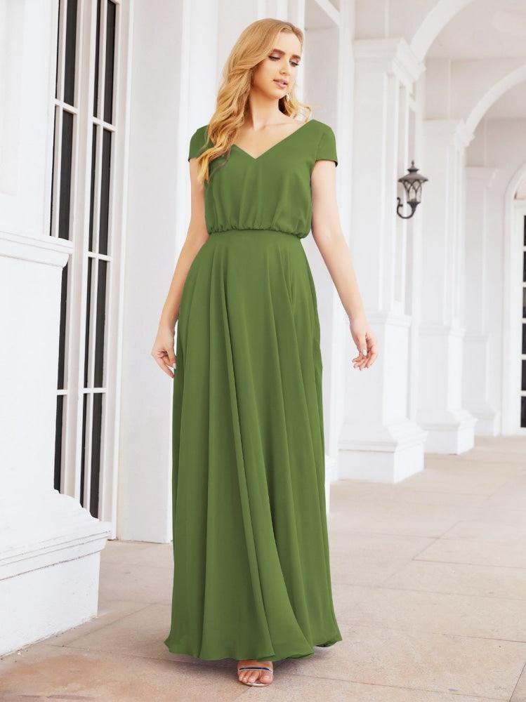 Numbersea V-Neck Bridesmaid Dresses Long Cap Sleeves Prom Evening Formal Gowns 28071