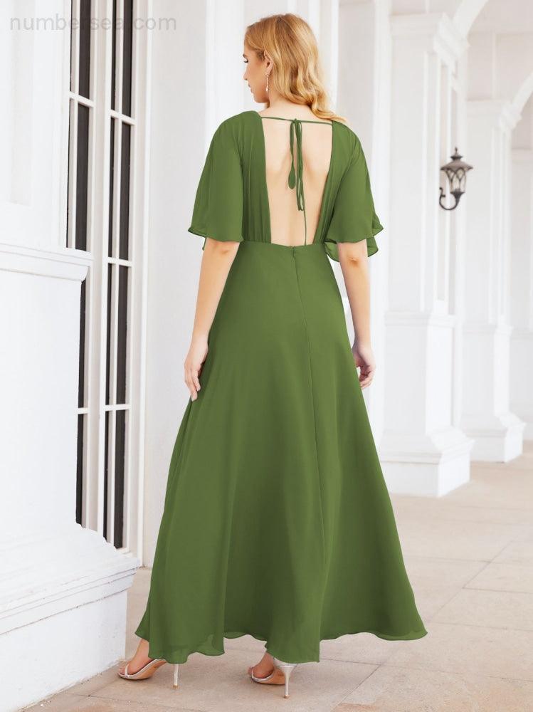 Numbersea V-Neck Bridesmaid Dress Chiffon Long Open Back Formal Dresses for Women Party Evening 28067