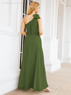 Numbersea Chiffon Ruffled One Shoulder Sleeveless Long Bride Dresses A-line Formal Evening Gown Side Split 28057