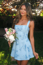 Light Blue floral lace corset mini dress front outdoor bouquet