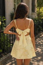Yellow floral lace corset mini dress back outdoor bow tie