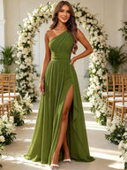 Dusty Blue one shoulder chiffon formal dress side view