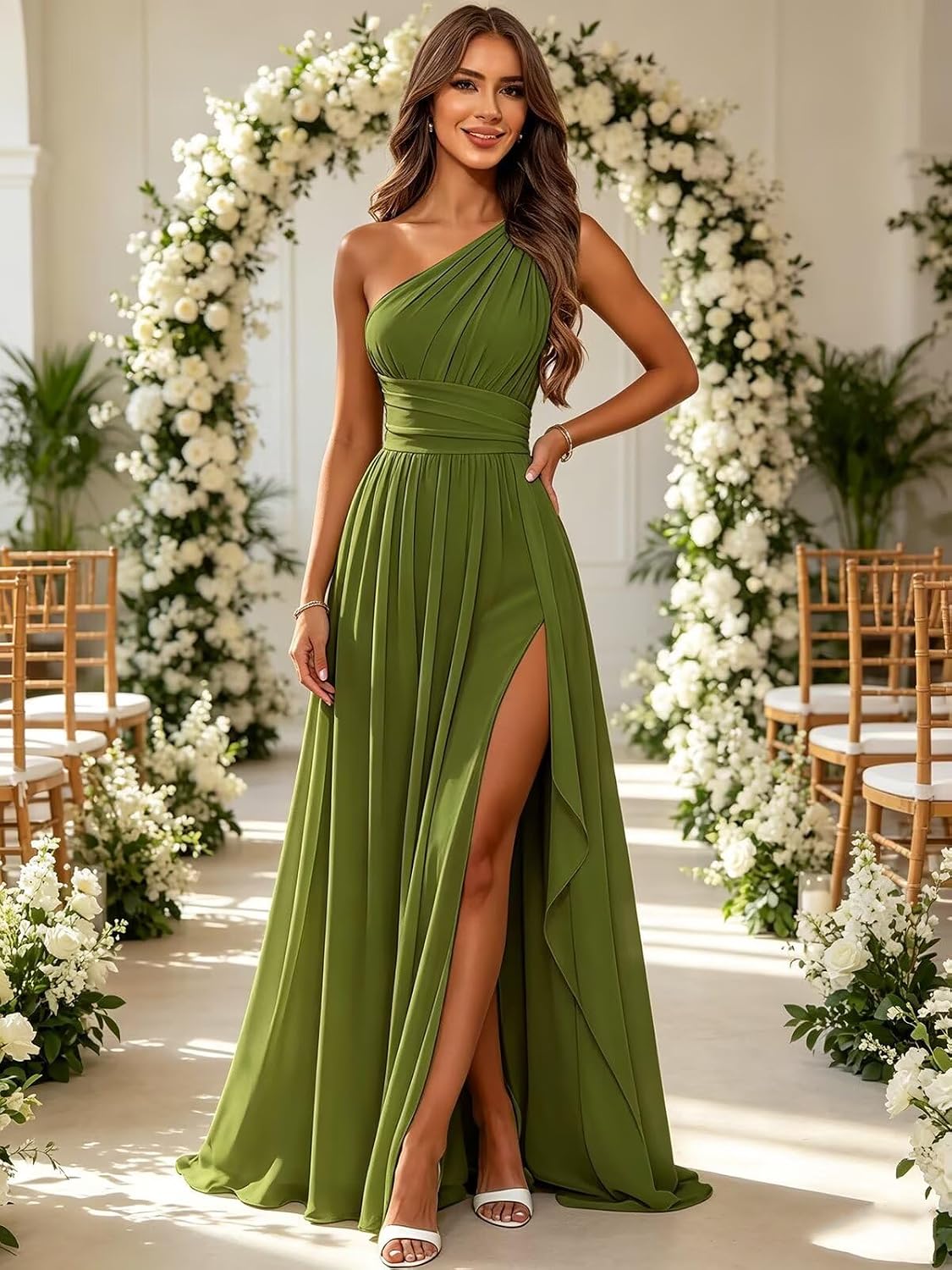 Dusty Blue one shoulder chiffon formal dress side view