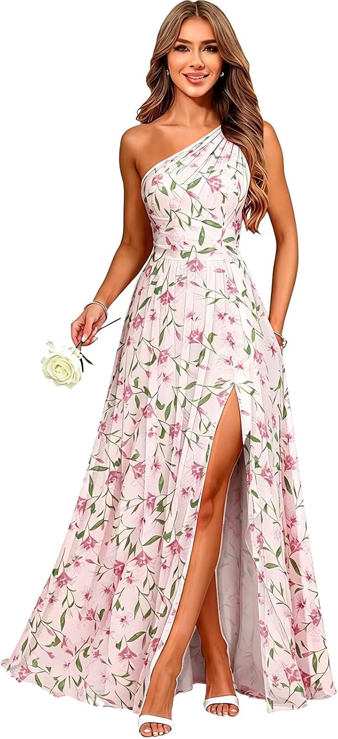 Floral Flower one shoulder chiffon formal dress main color view