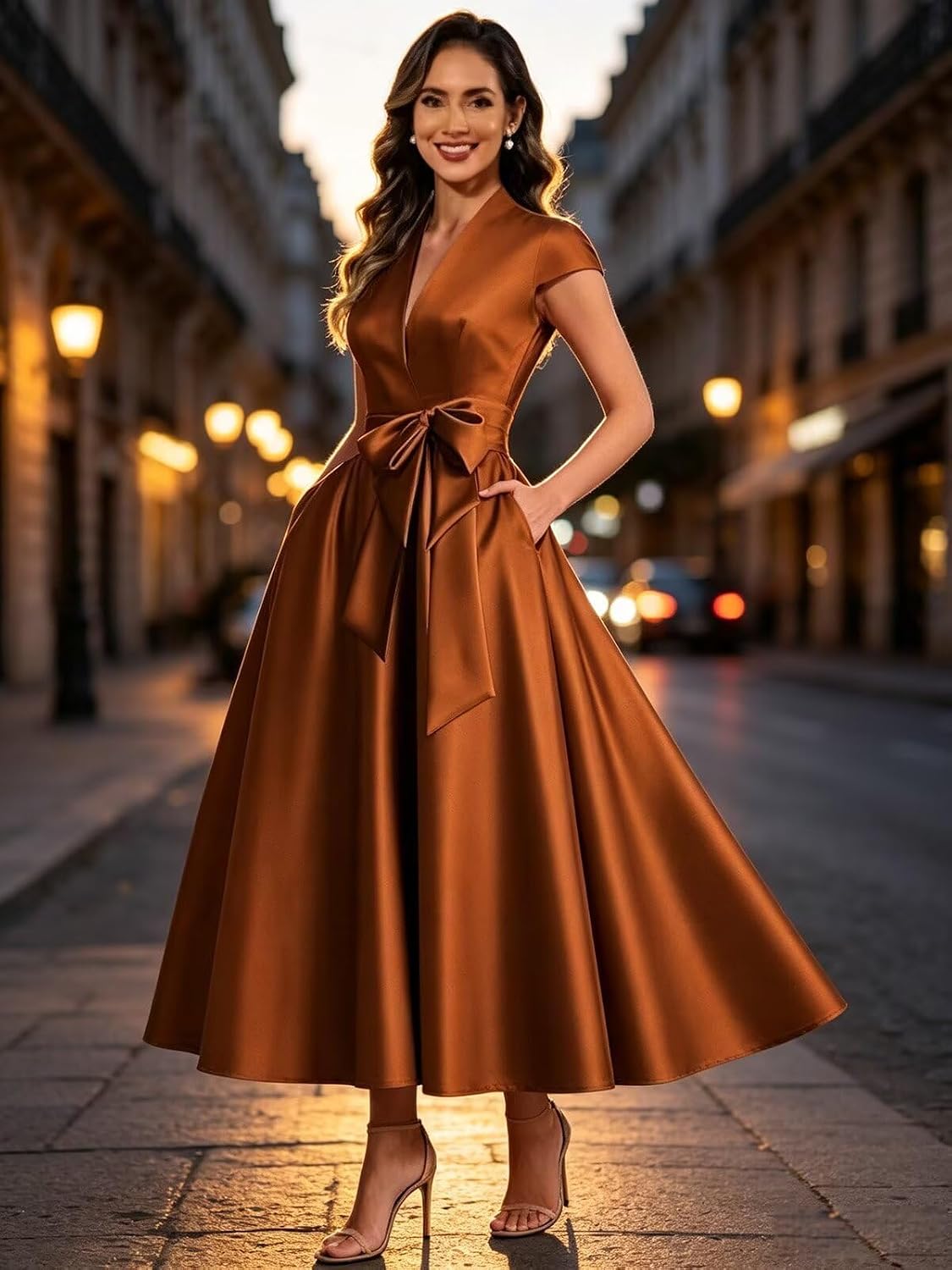 Taupe satin mother of the bride dress back view