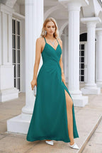 Ladies Chiffon Spaghetti Strap V Neck Front Slit Floor Length Bridesmaid Evening Dress Prom Party Wedding Evening Dress 28116
