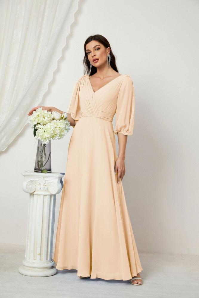 Numbersea  Formal Prom Gown Women V-Neck Chiffon Bridesmaid Dresses Long Bishop Sleeve Party Dress 2807
