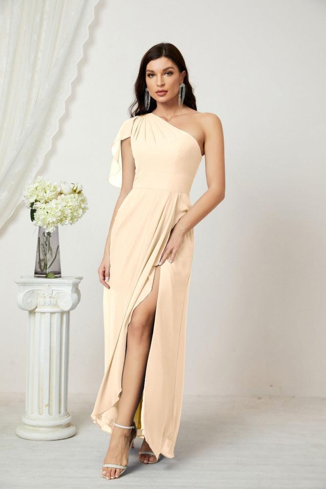 Numbersea  Chiffon Ruffled One Shoulder Long Bridesmaid Dresses A-line Formal Evening Gown Side Split 2809