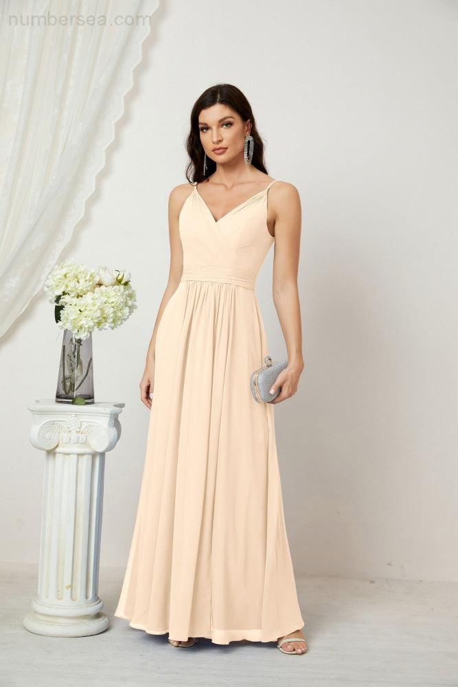 Numbersea Chiffon V-Neck Bridesmaid Dress Spaghetti Strap Long Formal Party Prom Gowns with Slit 28010
