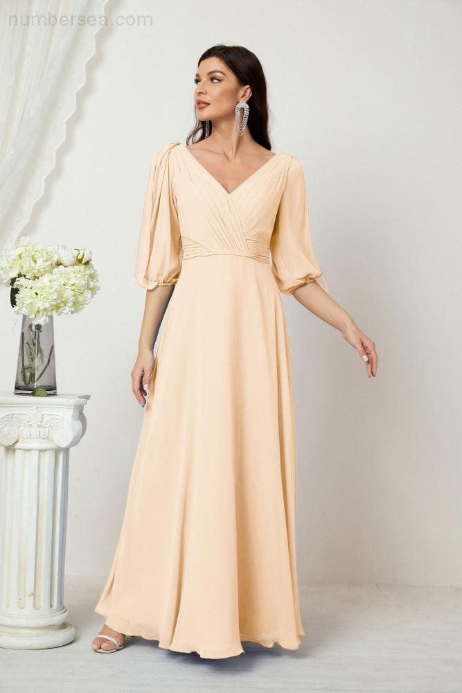 Numbersea  Formal Prom Gown Women V-Neck Chiffon Bridesmaid Dresses Long Bishop Sleeve Party Dress 2807