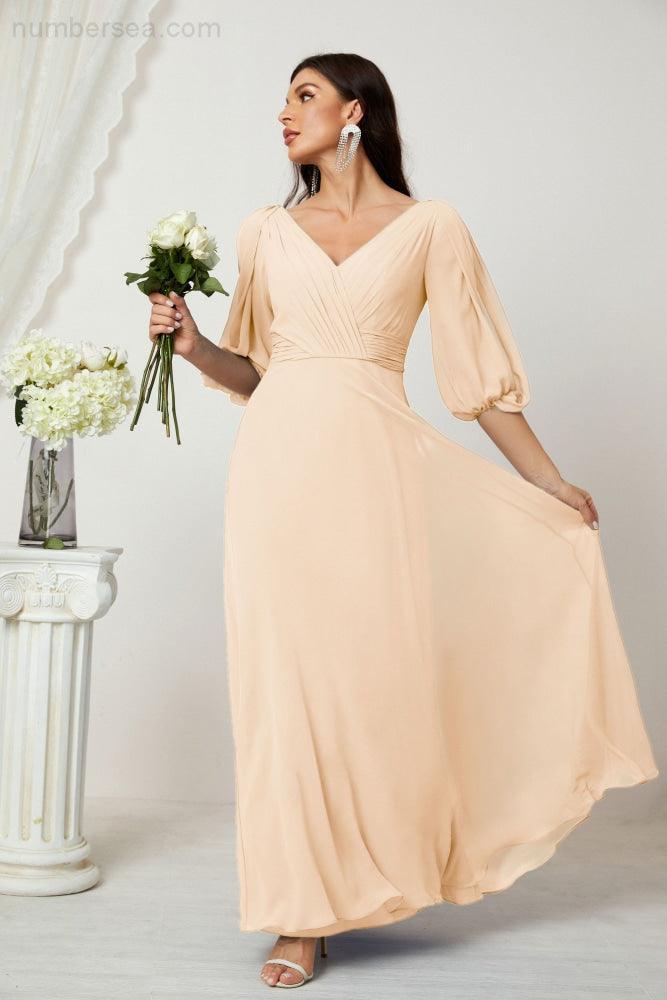 Numbersea  Formal Prom Gown Women V-Neck Chiffon Bridesmaid Dresses Long Bishop Sleeve Party Dress 2807