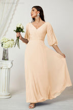Numbersea  Formal Prom Gown Women V-Neck Chiffon Bridesmaid Dresses Long Bishop Sleeve Party Dress 2807