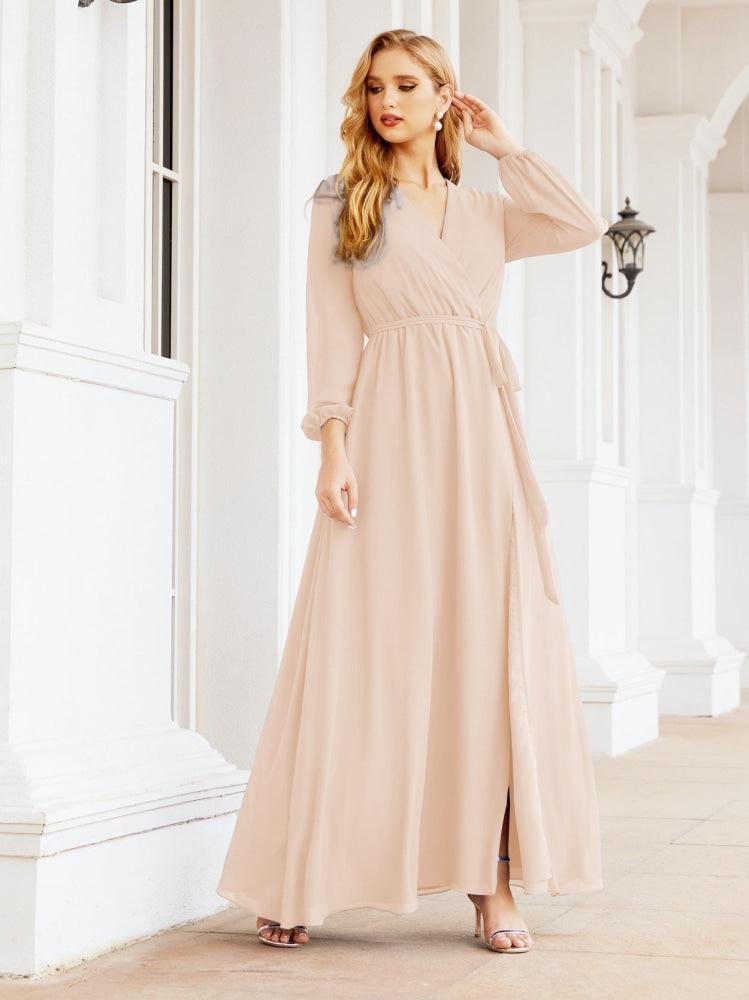 Numbersea Women's Chiffon Bridesmaid Dress A line Long Sleeves Formal Evening Prom Gown for Wedding Guest 28032