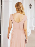 Numbersea V-Neck Bridesmaid Dresses Long Cap Sleeves Prom Evening Formal Gowns 28071