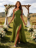 Dusty Blue one shoulder chiffon formal dress back view