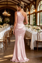Olive Green one shoulder satin mermaid dress side angle
