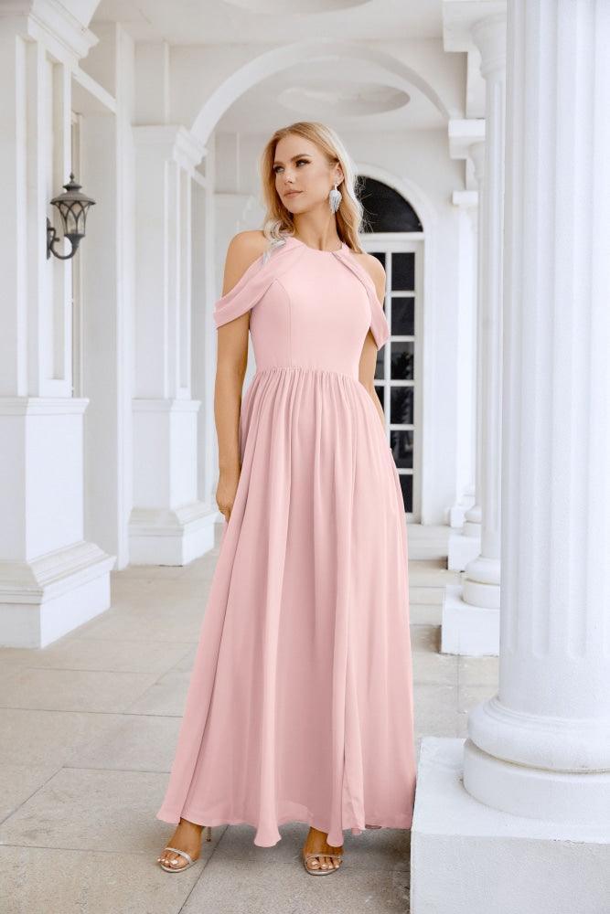 Ladies Chiffon Off Shoulder Swing Sleeve Front Slit Bridesmaid Evening Dress Wedding Party Evening Dress 28117