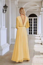 Ladies V Neck Chiffon Long Sleeve Front Slit Bridesmaid Evening Dress Wedding Party Shopping Evening Dress 28109