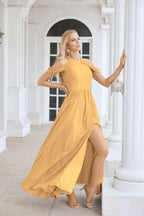 Ladies Chiffon Off Shoulder Swing Sleeve Front Slit Bridesmaid Evening Dress Wedding Party Evening Dress 28117