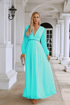 Ladies V Neck Chiffon Long Sleeve Front Slit Bridesmaid Evening Dress Wedding Party Shopping Evening Dress 28109