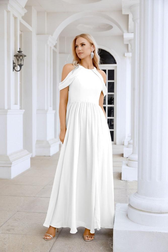 Ladies Chiffon Off Shoulder Swing Sleeve Front Slit Bridesmaid Evening Dress Wedding Party Evening Dress 28117