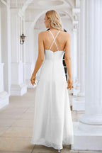 Ladies Chiffon Spaghetti Strap V Neck Front Slit Floor Length Bridesmaid Evening Dress Prom Party Wedding Evening Dress 28116