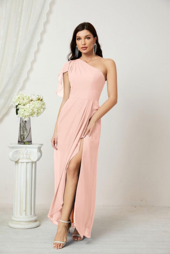 Numbersea  Chiffon Ruffled One Shoulder Long Bridesmaid Dresses A-line Formal Evening Gown Side Split 2809
