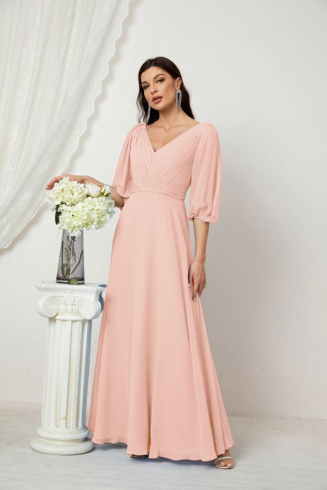 Numbersea  Formal Prom Gown Women V-Neck Chiffon Bridesmaid Dresses Long Bishop Sleeve Party Dress 2807