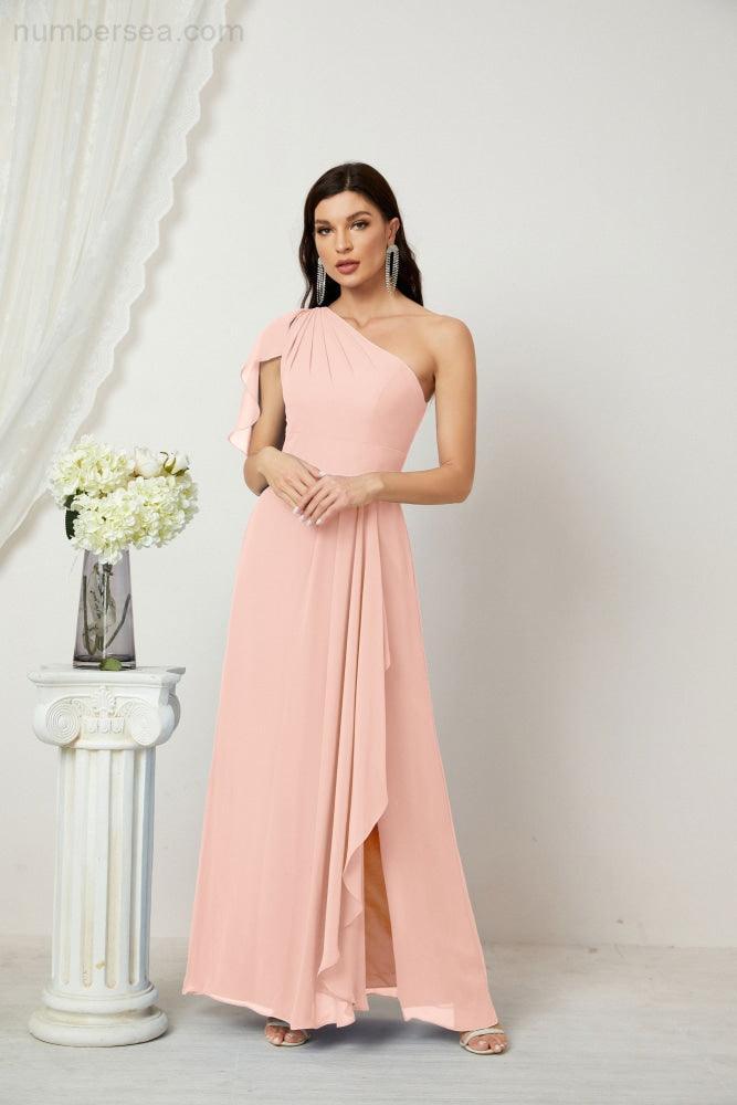Numbersea  Chiffon Ruffled One Shoulder Long Bridesmaid Dresses A-line Formal Evening Gown Side Split 2809