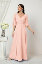 Numbersea  Formal Prom Gown Women V-Neck Chiffon Bridesmaid Dresses Long Bishop Sleeve Party Dress 2807