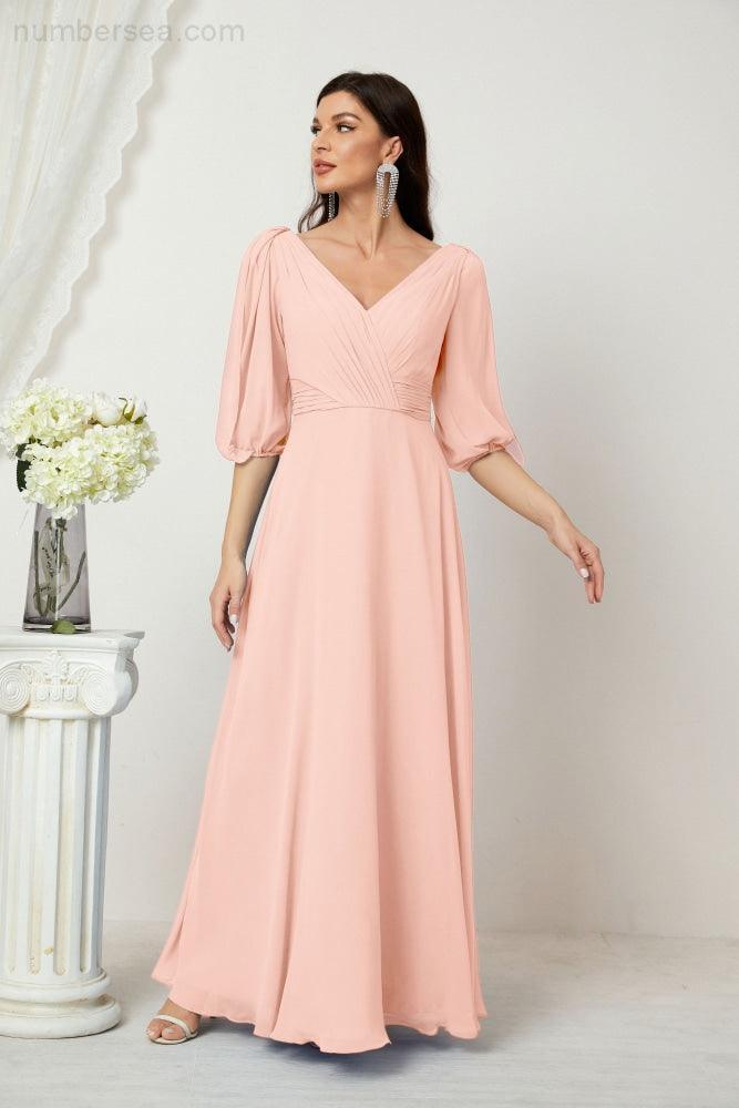Numbersea  Formal Prom Gown Women V-Neck Chiffon Bridesmaid Dresses Long Bishop Sleeve Party Dress 2807