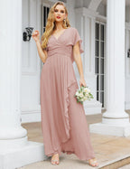 Numbersea Chiffon Bridesmaid Dresses Long Formal Evening Prom Mother of The Bride Dress with Flutter Sleeve     SEA28040