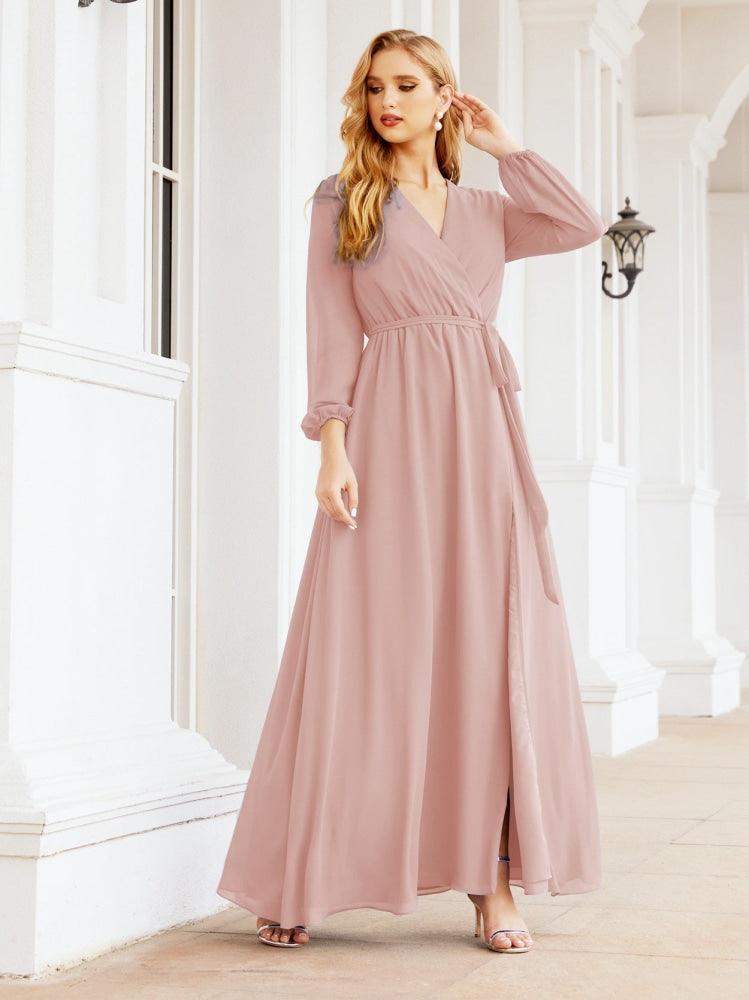 Numbersea Women's Chiffon Bridesmaid Dress A line Long Sleeves Formal Evening Prom Gown for Wedding Guest 28032