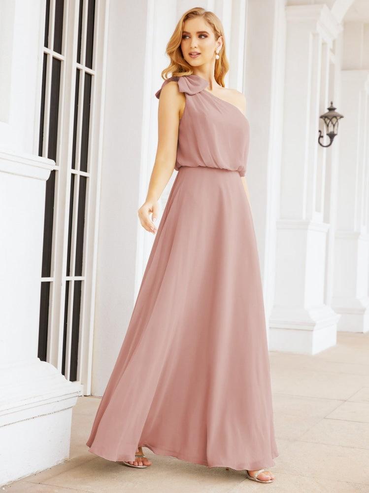 Numbersea Chiffon Ruffled One Shoulder Sleeveless Long Bride Dresses A-line Formal Evening Gown Side Split 28057
