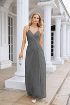Ladies Chiffon Spaghetti Strap V Neck Front Slit Floor Length Bridesmaid Evening Dress Prom Party Wedding Evening Dress 28116