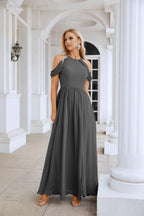 Ladies Chiffon Off Shoulder Swing Sleeve Front Slit Bridesmaid Evening Dress Wedding Party Evening Dress 28117