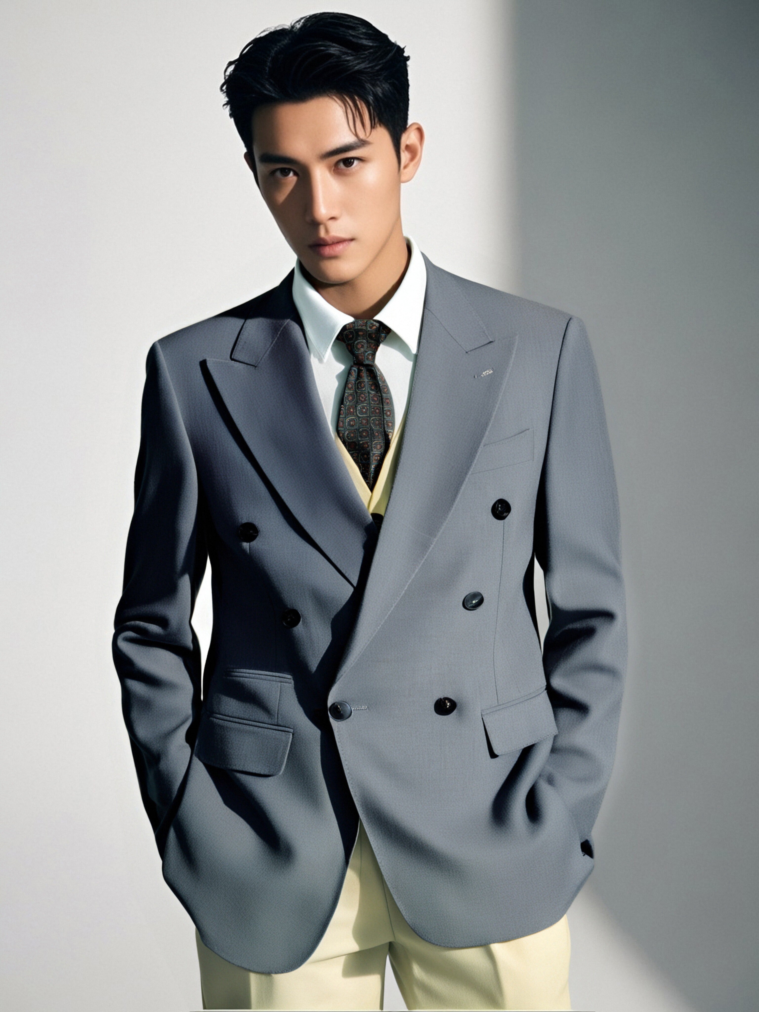 Double-Breasted Light Grey Wool Suit | Tailored Formal Groom & Business Suit