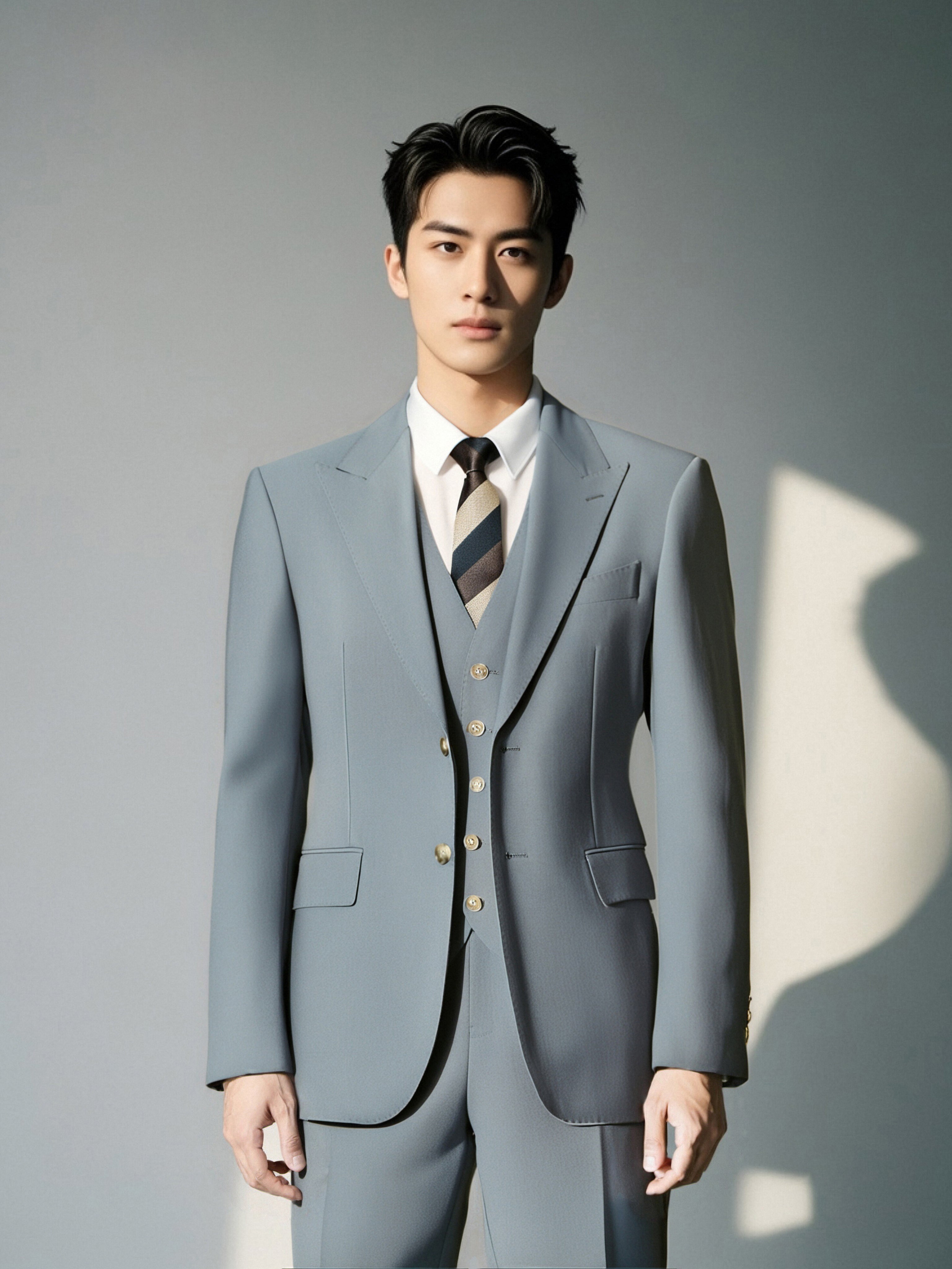 Three-Piece Light Grey Wool Suit | Tailored Formal Groom & Business Suit