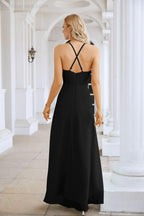 Ladies Chiffon Spaghetti Strap V Neck Front Slit Floor Length Bridesmaid Evening Dress Prom Party Wedding Evening Dress 28116