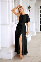 Ladies Chiffon Sleeve Crew Neck Front Slit Floor Length Bridesmaid Evening Dress Wedding Party Evening Dress 28124