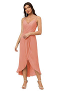 Numbersea Spaghetti Chiffon V Neck Bridesmaid Dress Mid-Length Slit Formal Prom Dress Homecoming Dress 2803