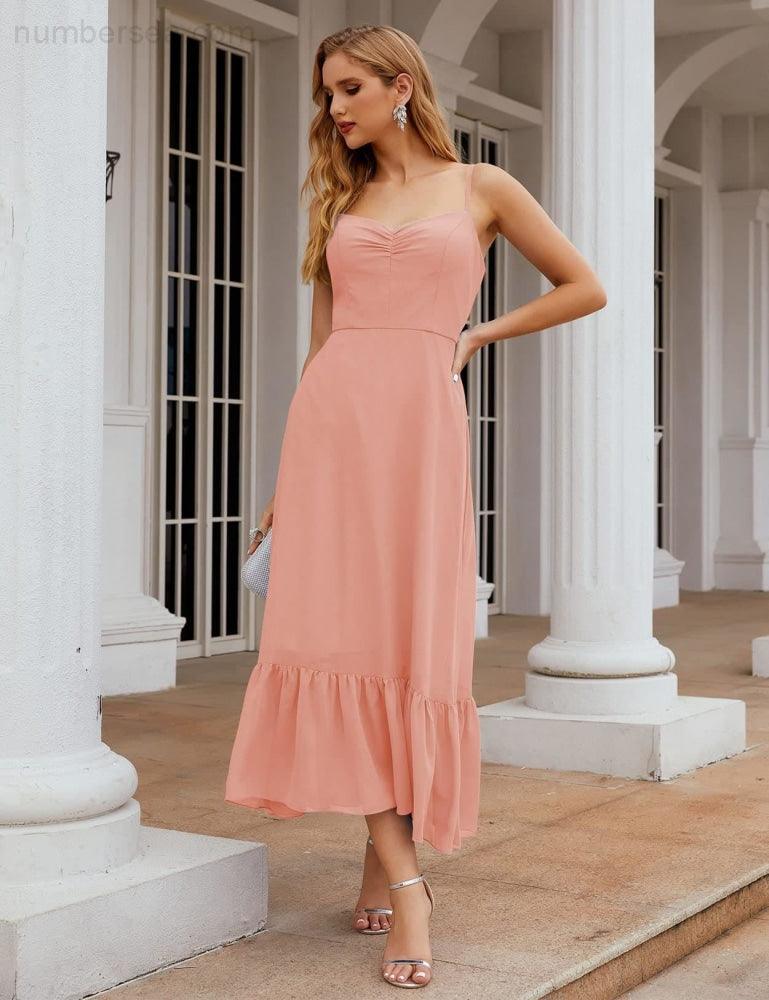 Numbersea  Spaghetti Strap Chiffon Bridesmaid Dress Ankle Length Formal A Line Cocktail Party Homecoming Dress for Juniors  SEA28028
