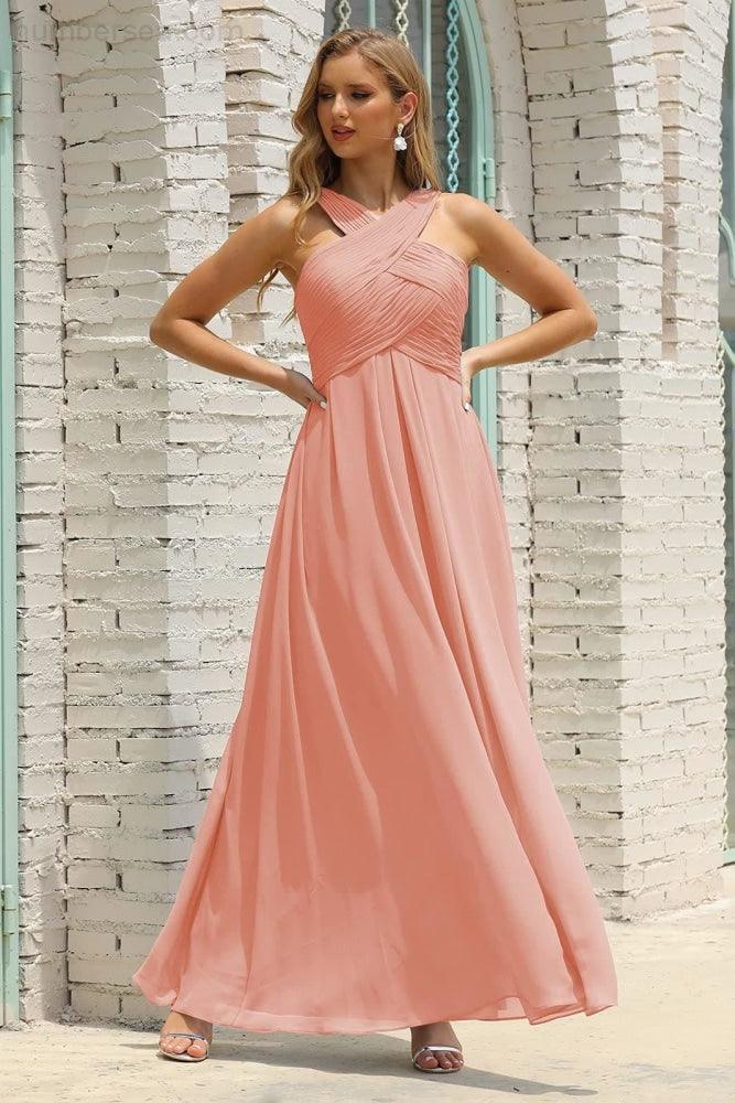 Numbersea Women Halter Chiffon Bridesmaid Dress A-line Long Formal Prom Gown SEA28015
