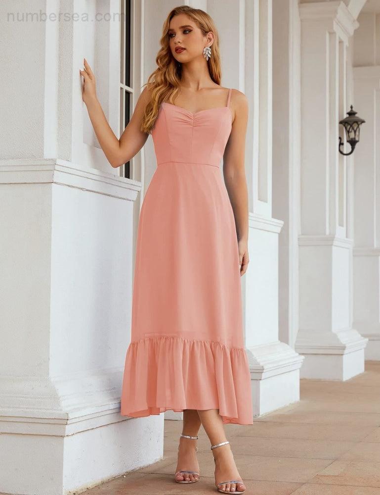 Numbersea  Spaghetti Strap Chiffon Bridesmaid Dress Ankle Length Formal A Line Cocktail Party Homecoming Dress for Juniors  SEA28028