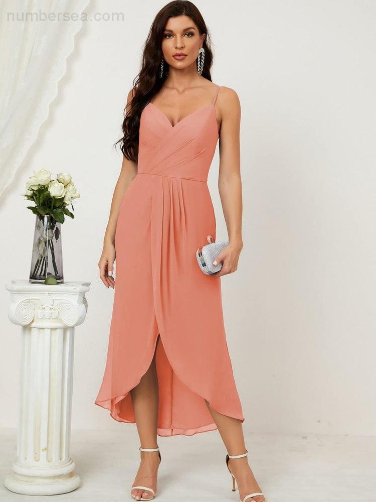 Numbersea Spaghetti Chiffon V Neck Bridesmaid Dress Mid-Length Slit Formal Prom Dress Homecoming Dress 2803