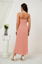 Numbersea Spaghetti Chiffon V Neck Bridesmaid Dress Mid-Length Slit Formal Prom Dress Homecoming Dress 2803
